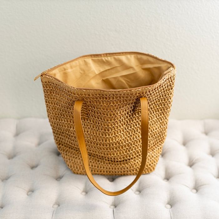 Tapered Straw Shoulder Tote with Brown Handles and Zipper