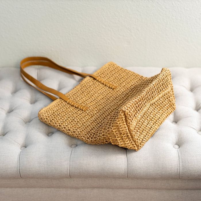 Tapered Straw Shoulder Tote with Brown Handles and Zipper