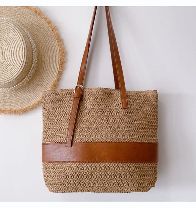 Straw Drawstring Tote with Wide Contrast Band