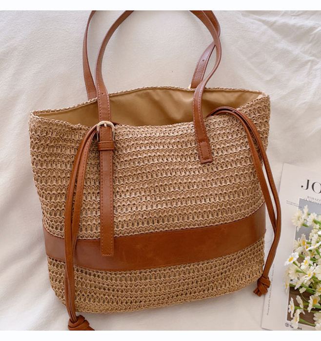 Straw Drawstring Tote with Wide Contrast Band