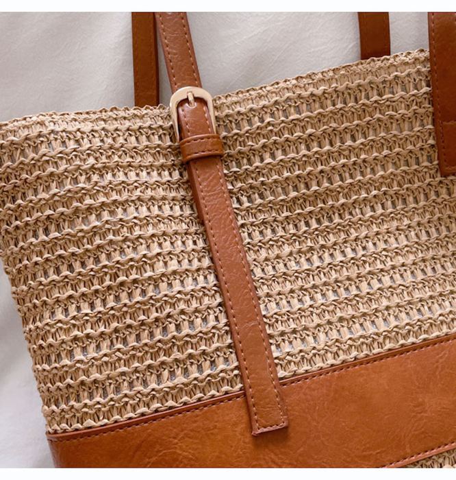 Straw Drawstring Tote with Wide Contrast Band