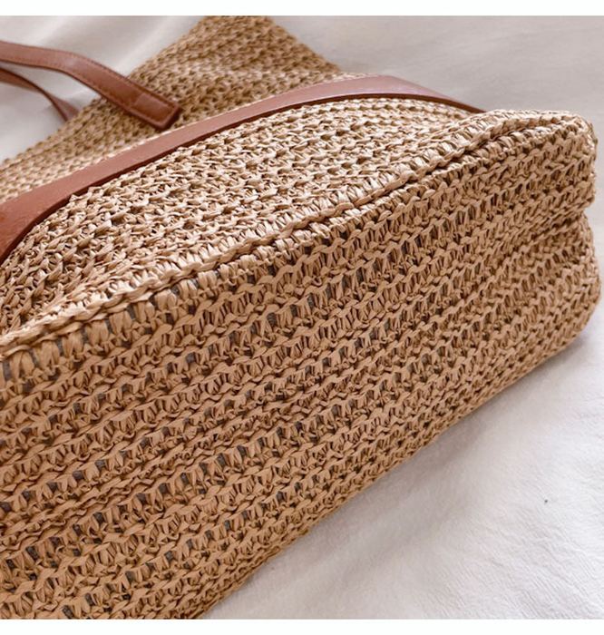 Straw Drawstring Tote with Wide Contrast Band