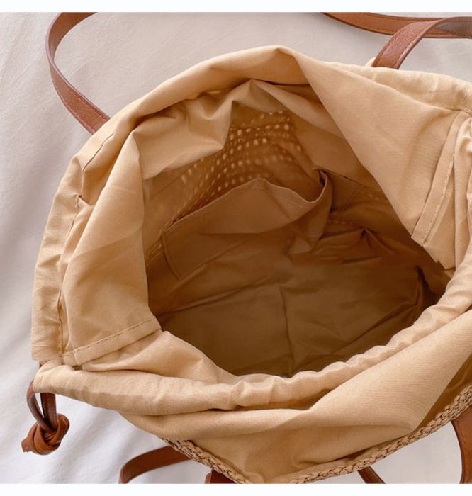 Straw Drawstring Tote with Wide Contrast Band