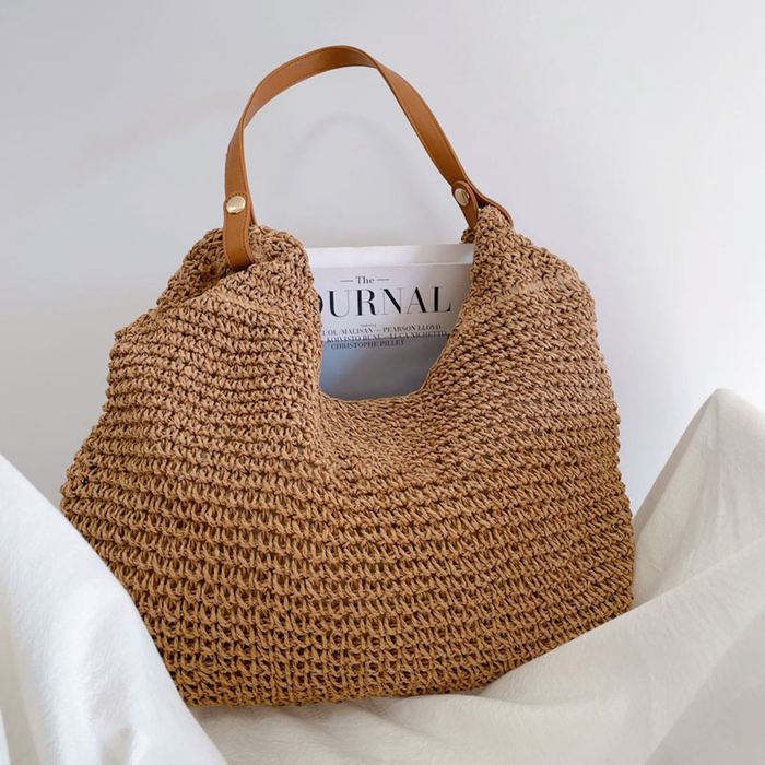 Woven Straw Hobo Bag with Brown Top Handle