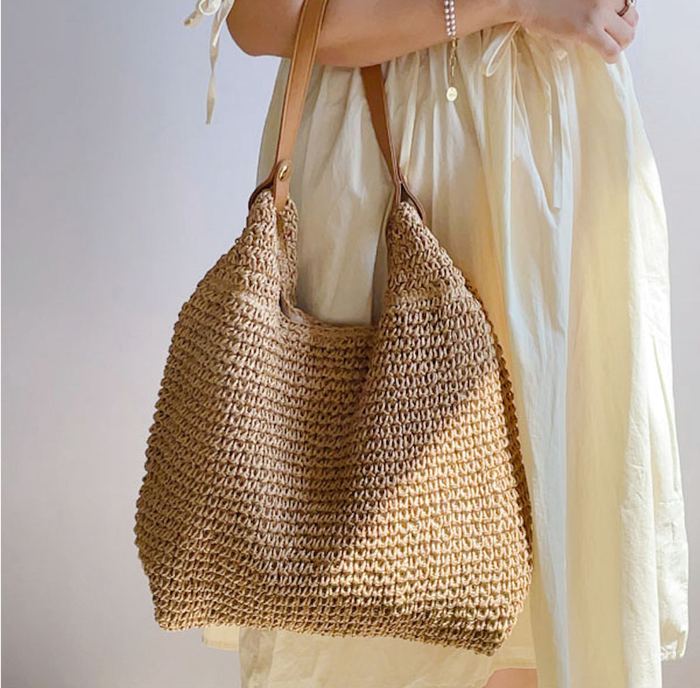 Woven Straw Hobo Bag with Brown Top Handle