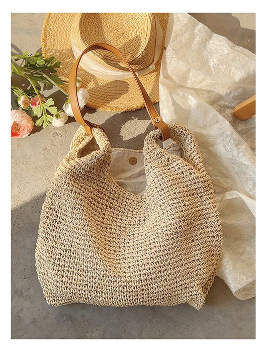 Woven Straw Hobo Bag with Brown Top Handle