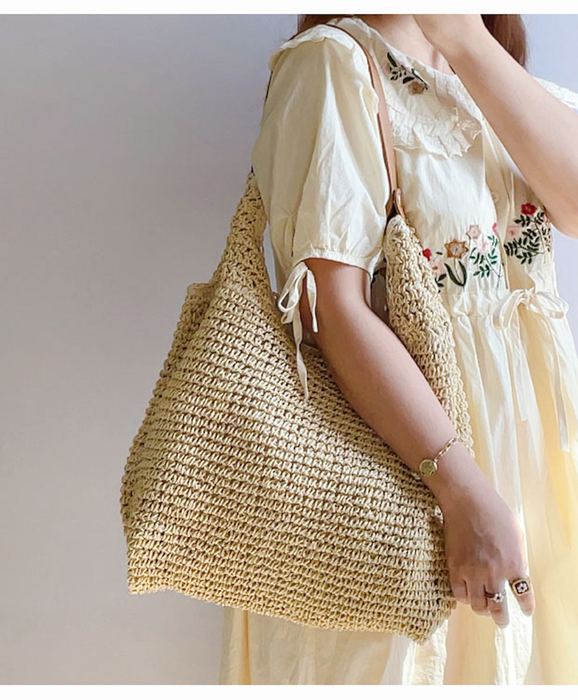Woven Straw Hobo Bag with Brown Top Handle