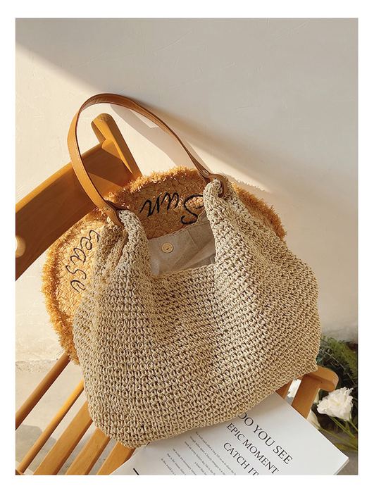 Woven Straw Hobo Bag with Brown Top Handle
