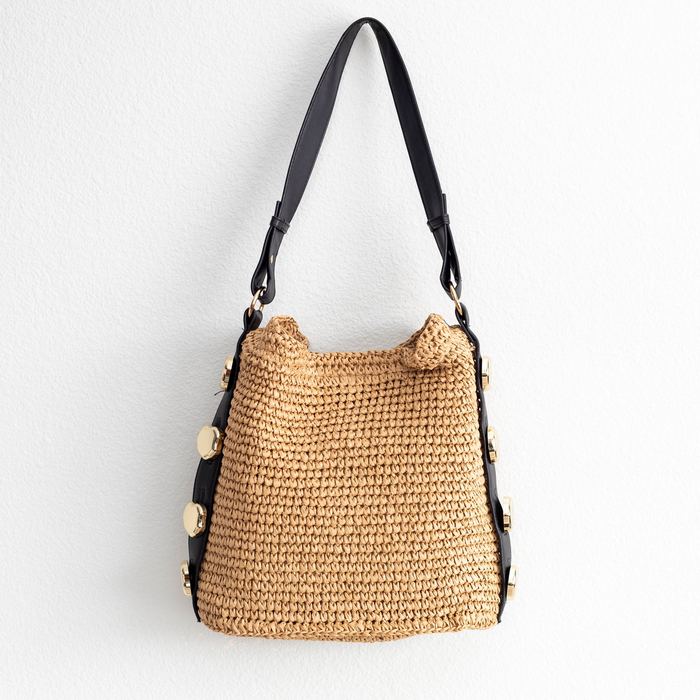 Woven Straw Shoulder Bag with Gold-Tone Side Accents