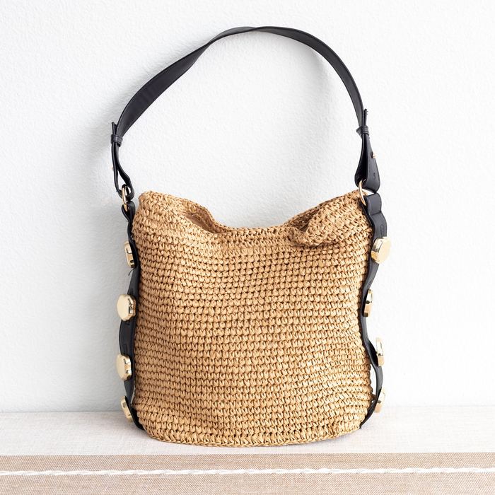 Woven Straw Shoulder Bag with Gold-Tone Side Accents