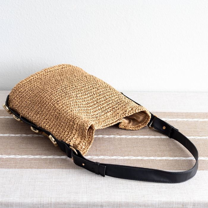 Woven Straw Shoulder Bag with Gold-Tone Side Accents