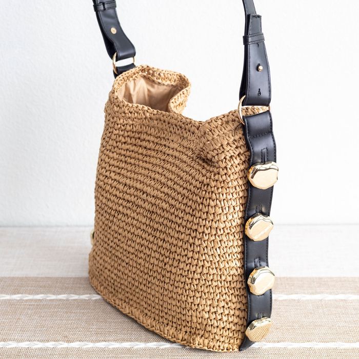 Woven Straw Shoulder Bag with Gold-Tone Side Accents