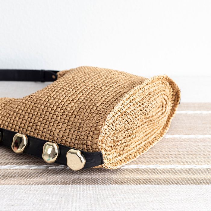 Woven Straw Shoulder Bag with Gold-Tone Side Accents
