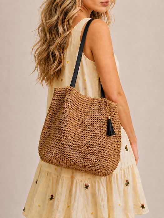 Rounded Straw Shoulder Tote with Dark Tassel Accent