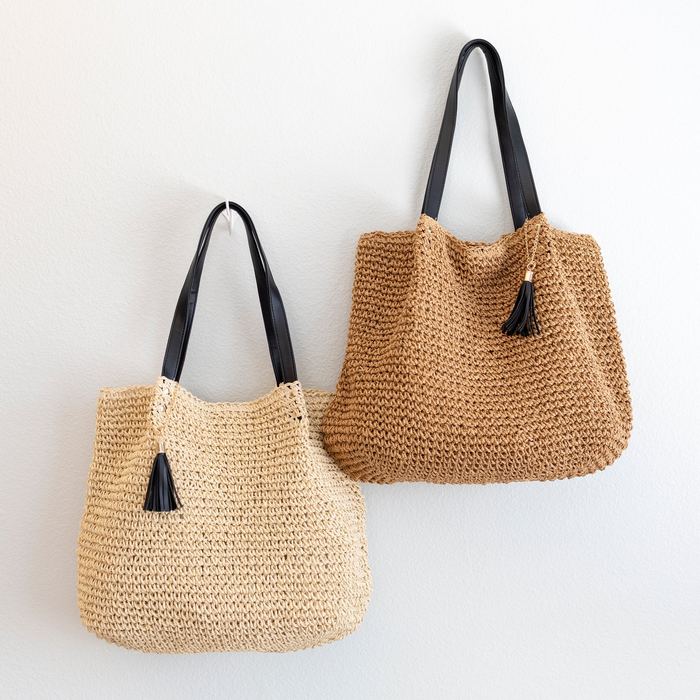 Rounded Straw Shoulder Tote with Dark Tassel Accent