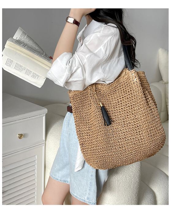 Rounded Straw Shoulder Tote with Dark Tassel Accent