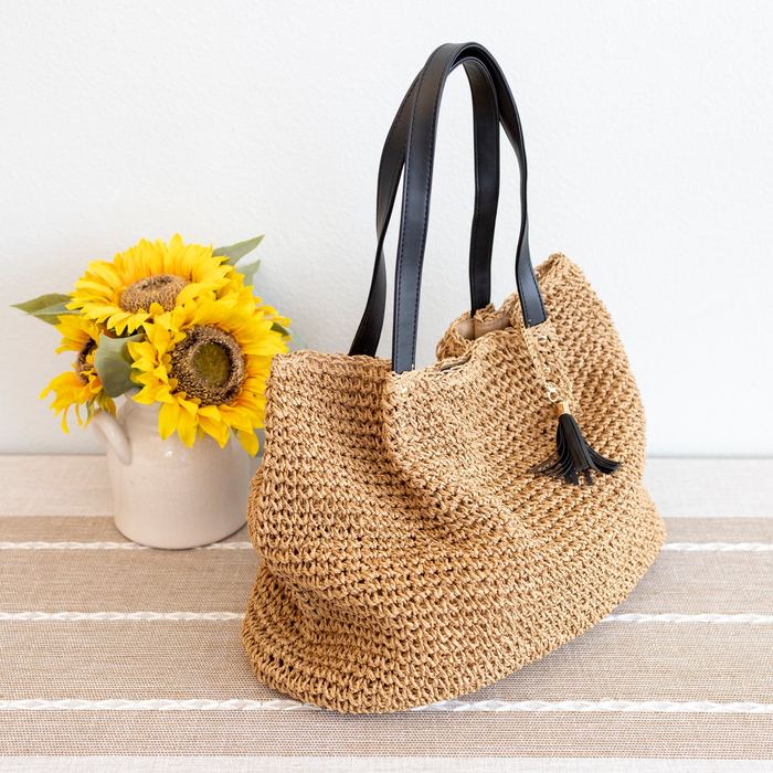 Rounded Straw Shoulder Tote with Dark Tassel Accent