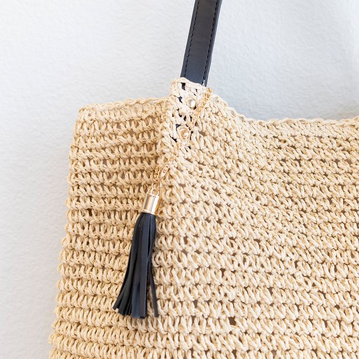 Rounded Straw Shoulder Tote with Dark Tassel Accent