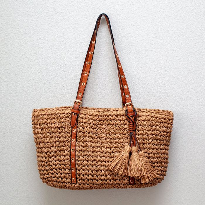 Wide Straw Shoulder Tote with Studded Brown Handles