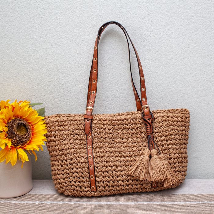 Wide Straw Shoulder Tote with Studded Brown Handles