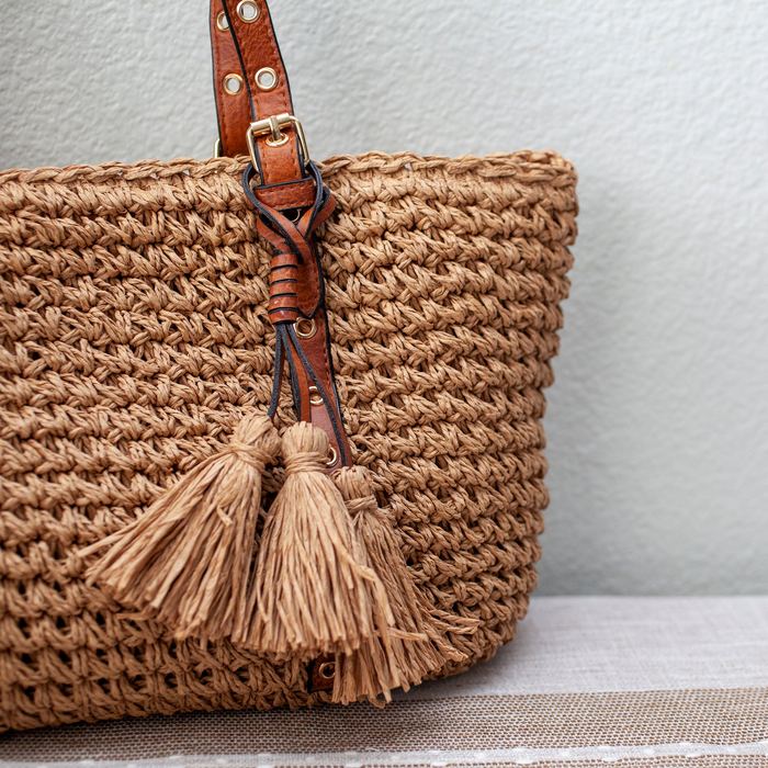 Wide Straw Shoulder Tote with Studded Brown Handles