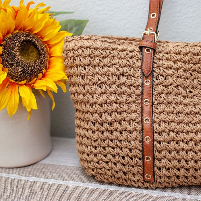 Wide Straw Shoulder Tote with Studded Brown Handles