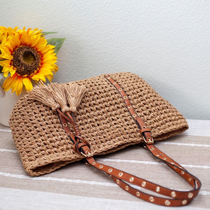Wide Straw Shoulder Tote with Studded Brown Handles