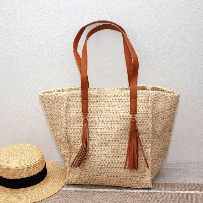 Woven Straw Tote with Twin Brown Tassels