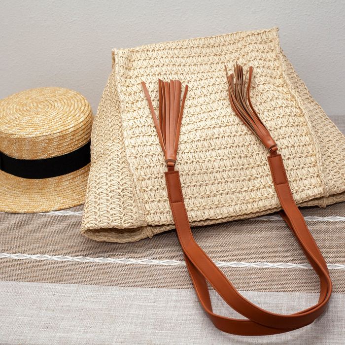 Woven Straw Tote with Twin Brown Tassels