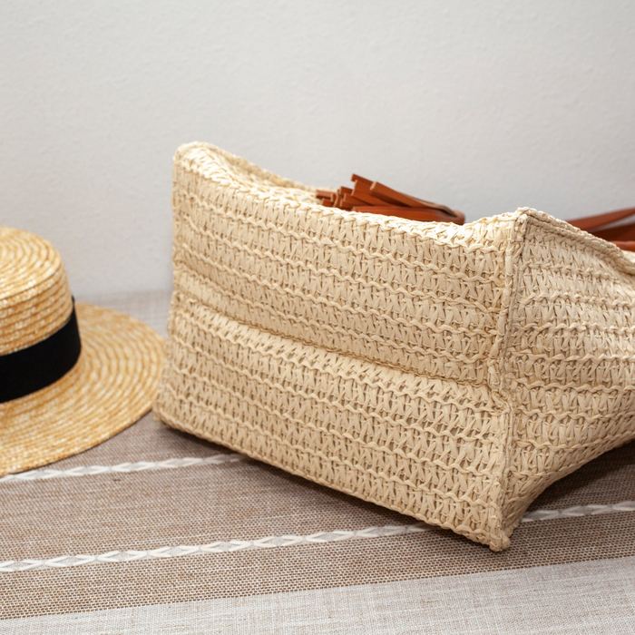 Woven Straw Tote with Twin Brown Tassels