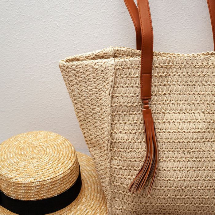 Woven Straw Tote with Twin Brown Tassels