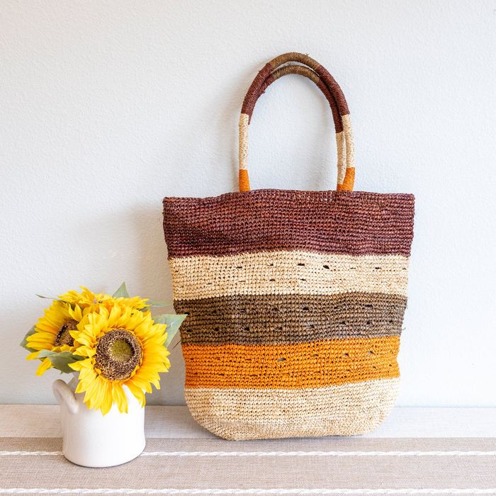Large Earth-Tone Striped Raffia Tote
