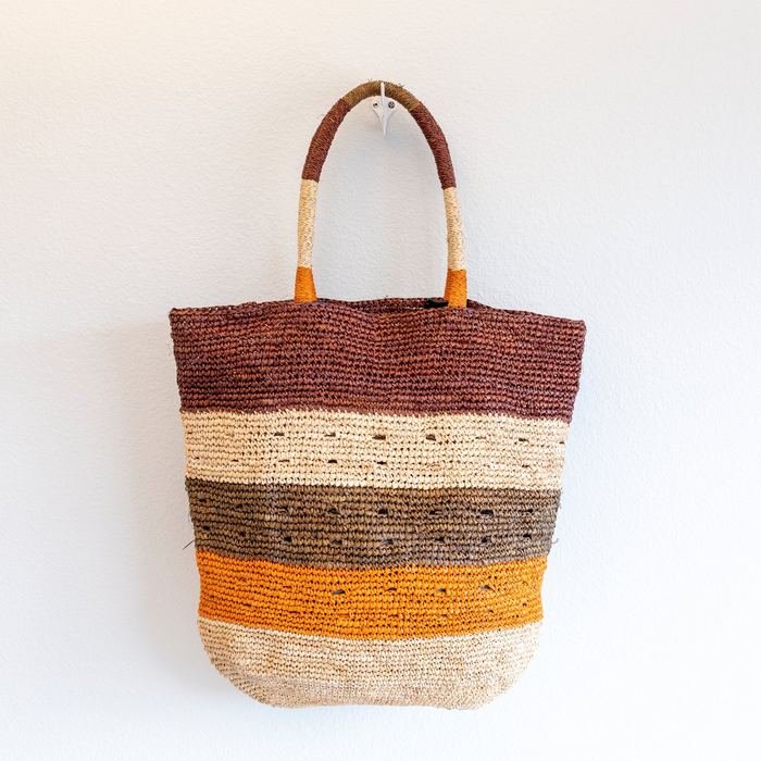 Large Earth-Tone Striped Raffia Tote