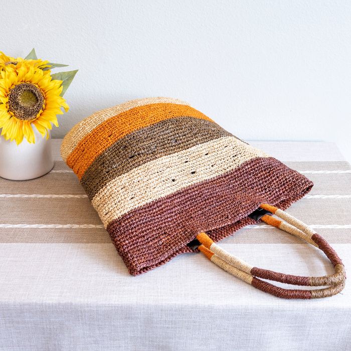 Large Earth-Tone Striped Raffia Tote