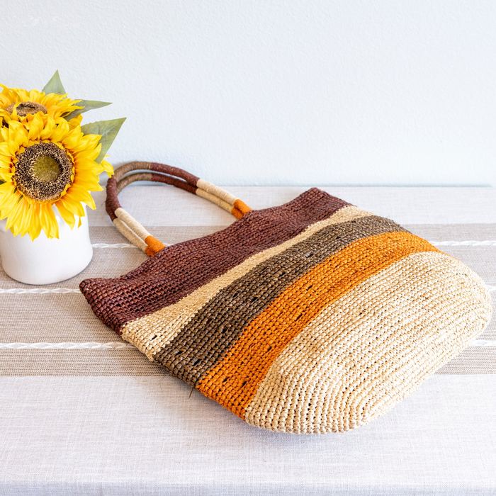 Large Earth-Tone Striped Raffia Tote