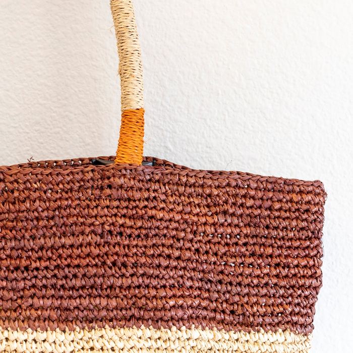 Large Earth-Tone Striped Raffia Tote