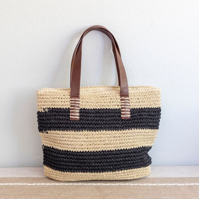 Large Black-and-Natural Striped Straw Tote