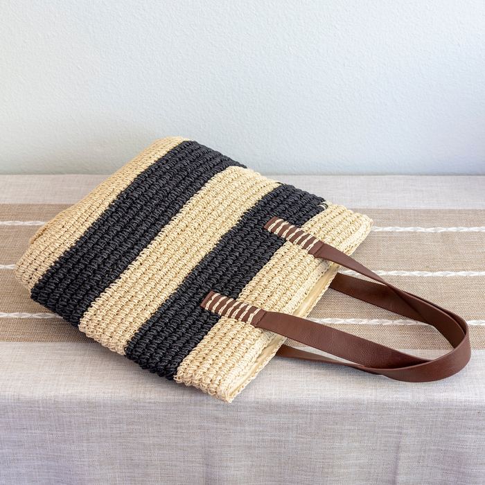 Large Black-and-Natural Striped Straw Tote