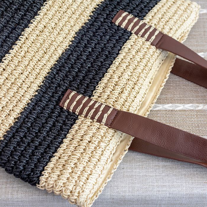 Large Black-and-Natural Striped Straw Tote