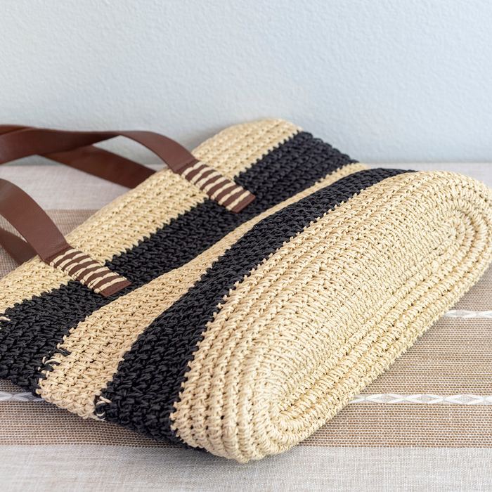 Large Black-and-Natural Striped Straw Tote