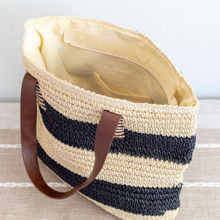 Large Black-and-Natural Striped Straw Tote