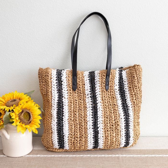 Large Vertical-Stripe Woven Straw Shoulder Tote