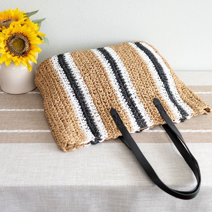 Large Vertical-Stripe Woven Straw Shoulder Tote