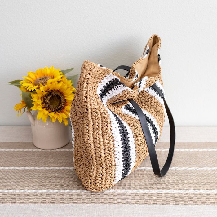 Large Vertical-Stripe Woven Straw Shoulder Tote
