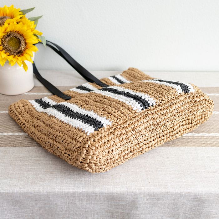 Large Vertical-Stripe Woven Straw Shoulder Tote