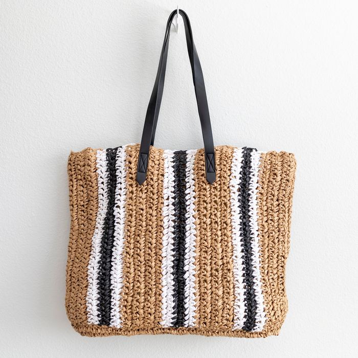 Large Vertical-Stripe Woven Straw Shoulder Tote