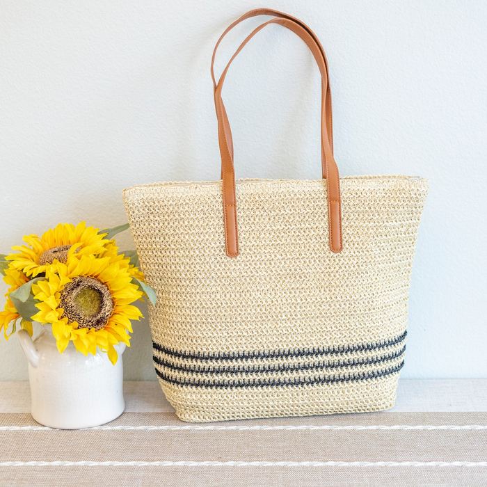 Large Straw Tote with Triple Dark Stripe Band