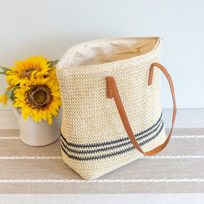 Large Straw Tote with Triple Dark Stripe Band