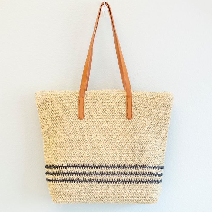 Large Straw Tote with Triple Dark Stripe Band