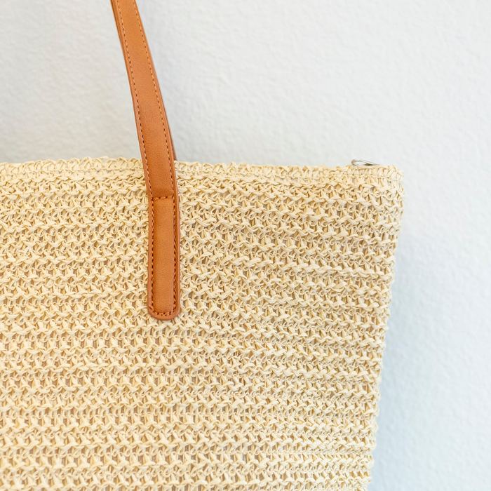 Large Straw Tote with Triple Dark Stripe Band